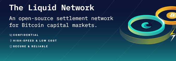 A promotional graphic with text reading 'The Liquid Network - An open-source settlement network for Bitcoin capital markets,' featuring teal and gold circular design motifs alongside a Bitcoin symbol.