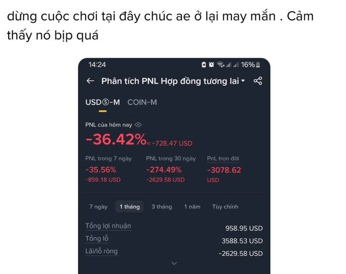 A Vietnamese-language screenshot of a futures contract PNL analysis showing a daily PNL of -36.42% (-728.47 USD), with 7-day losses of -859.18 USD and 30-day losses of -2629.58 USD, accompanied by text warning others about the losses.