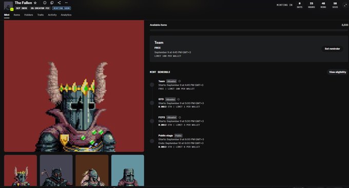 The image shows the OpenSea collection page for "The Fallen," an NFT mint by MRC2 with 3,333 supply, displaying a pixel-art knight with horns and a crown alongside minting schedule details (GTD and FCFS phases at 0.0012 ETH, 100 per wallet), directly matching the post's announcement about the September 9 mint and pricing details.