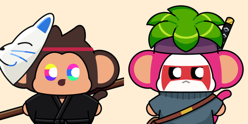 Two cartoon monkey-like characters in ninja attire; one on the left wears a white fox mask and has rainbow eyes, while the one on the right is dressed in pink with a palm tree-shaped hat.
