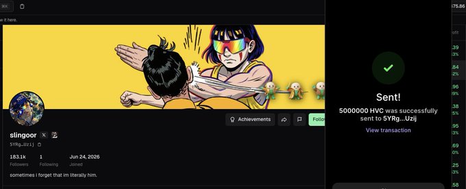 The image shows a successful crypto transaction notification on what appears to be a profile page for "slingoor" (@Syrg...Uzi), with a banner featuring an anime illustration and a confirmation that 5,000,000 HVC (Hevycoin) was sent to SYRg...UZi, which corresponds to the accompanying post's description of sending $HVC Hevycoin tokens.