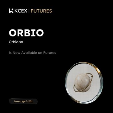 A promotional graphic for KCEX Futures announces that 'ORBIO' (Orbio.so) is 'Now Available on Futures' with leverage options of '1-25x' and an image of a ringed planet.
