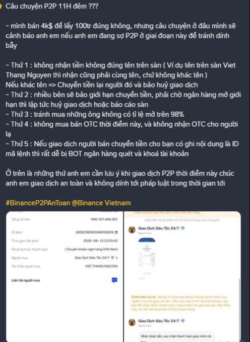 A Vietnamese-language social media post warning about P2P USDT transaction scams, featuring five safety tips (avoiding non-bank-name transfers, deposits without proper IDs, suspicious sellers, OTC trading, and middleman intermediaries) alongside screenshots of a Vietcombank transfer showing 107,480,352 VND from "VIET THANG NGUYEN" and Binance moderator @GiaoDichSieuToc replies urging users to report such transactions to Binance support.