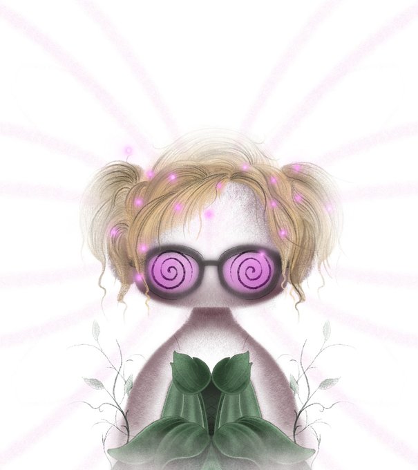 An artistic illustration of a girl with blonde hair in pigtails, wearing pink swirl-spiral sunglasses and a green dress, surrounded by pink glowing light rays.