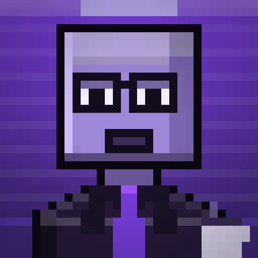 A pixel art illustration of a purple alien-like character with rectangular black glasses and a mustache, set against a purple striped background.