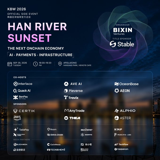 Promotional graphic for 'HAN RIVER SUNSET', a KBW 2026 Official Side Event focused on 'The Next Onchain Economy: AI, Payments, Infrastructure,' organized by Bixin Ventures with Title Sponsor Stable, taking place September 29, 2026 in Apgujeong, Hangang Park, and featuring numerous co-hosts, sponsors, and media partners.
