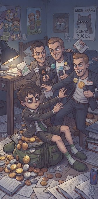 A digital illustration showing a young boy sitting on a suitcase of coins surrounded by three men in suits, with a poster reading "WHOH ENARG? SCHOOL SUCKS" on the wall.