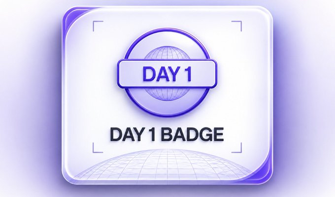 A glowing purple and white "DAY 1" badge with a globe design is displayed, labeled "DAY 1 BADGE" beneath, marking the first day of the BitRobot airdrop event for early Lab participants.