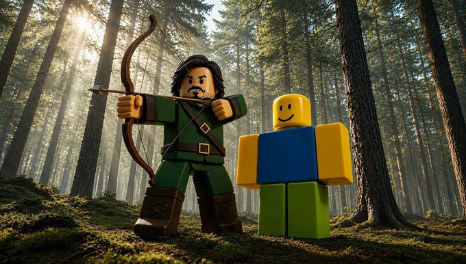 A LEGO-style archer with a serious expression draws back his bow, standing alongside a classic Roblox "noob" character with a smiley face in a sunlit forest. The image humorously implies the archer (likely representing a crypto trader or "degens") is targeting the Roblox noob, suggesting an imminent "explosion" or aggressive move against the meme coin community associated with the pump.fun callout.