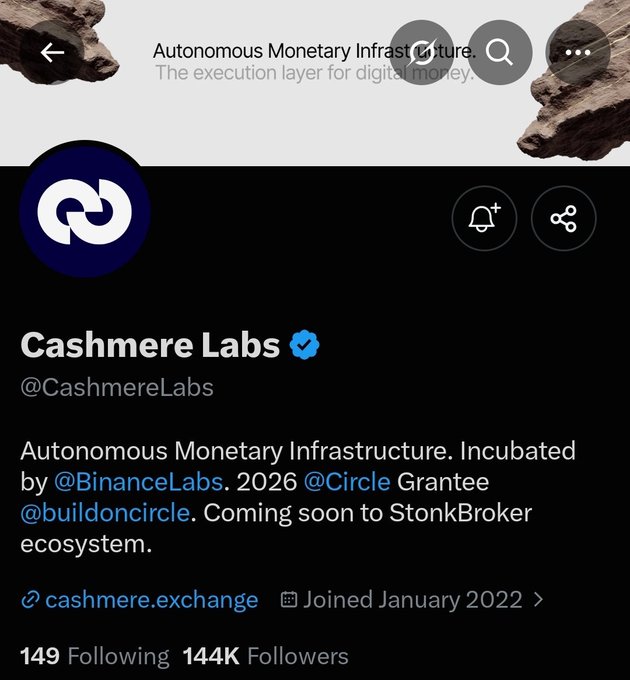 This image is a Twitter profile page for **Cashmere Labs (@CashmereLabs)**, which has 144K followers and is described as "Autonomous Monetary Infrastructure" incubated by @BinanceLabs, with a 2026 @Circle Grantee status. The profile relates to the accompanying post, which promotes Cashmere Labs as an early alpha project featuring a free mint on Robinhood Chain for an omnichain stablecoin infrastructure leveraging CCTP and USDT0.