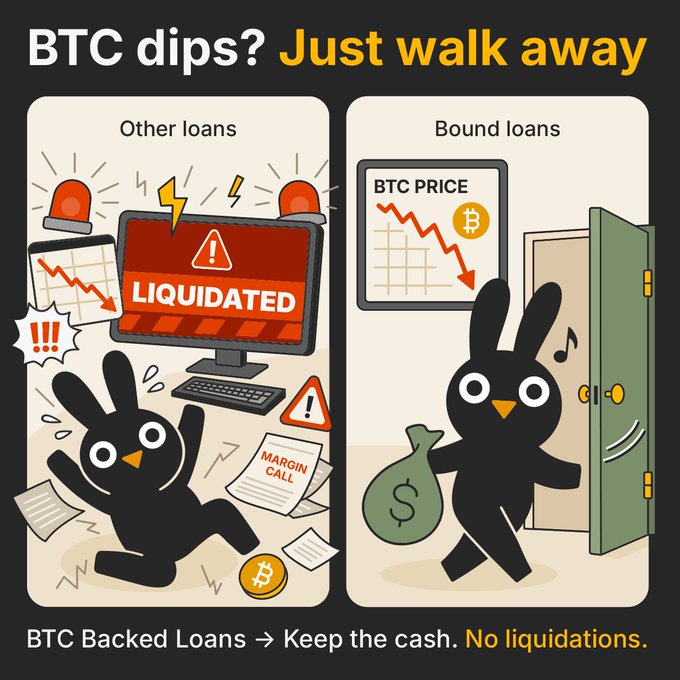 The image shows two cartoon characters, a bunny (or rabbit) representing BTC Liquidated Loans and another character representing Btc Bound Loans. The bunny (BTC Liquidated Loans) has its legs crossed over a computer monitor, while the second character (Btc Bound Loans) is holding up a "no liquidations" sign in front of their laptop.