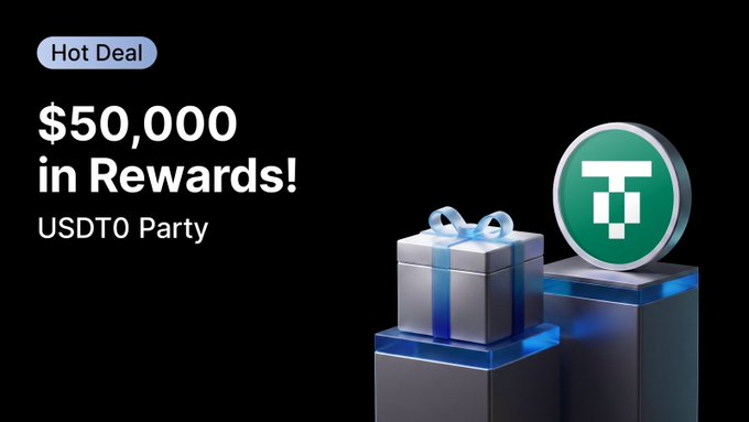 A promotional banner featuring a wrapped gift box next to a green Tether (USDT0) logo, with text reading "Hot Deal: $50,000 in Rewards! USDT0 Party," highlighting MEXC's active $50,000 rewards campaign.