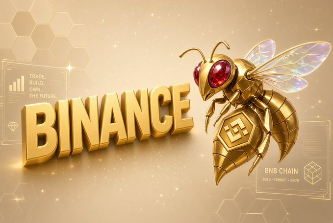 A golden bee character with red gem eyes hovers next to the word 'BINANCE' in gold 3D text, with smaller text reading 'TRADE. BUILD. OWN. THE FUTURE.' and 'BNB CHAIN BUILD • CONNECT • GROW'.