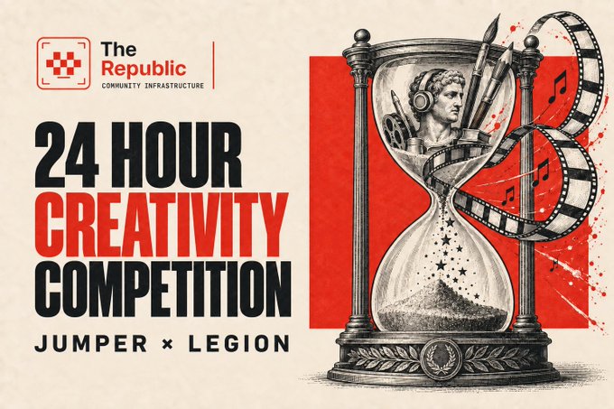 Promotional banner for 'The Republic Community Infrastructure' announcing a '24 Hour Creativity Competition' by Jumper x Legion, featuring an hourglass with a classical statue head and film strip imagery.
