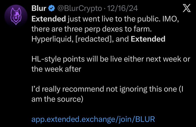 A tweet from the verified Blur (@BlurCrypto) account dated 12/16/24 announces that Extended has gone live to the public, recommending it alongside Hyperliquid and another [redacted] perp DEX to farm, with HL-style points expected to launch within 1-2 weeks. The post supports the caption's reflection on choosing three perpetual DEXs to farm, with Extended being revealed as one of the selections.