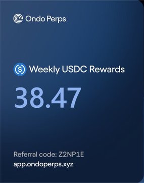 The image is an Ondo Perps dashboard showing Weekly USDC Rewards of **38.47** with referral code Z2NP1E and link app.ondoperps.xyz. It visually corroborates the post's claim of earning roughly $38 in weekly rewards from Ondo Perps, though the user's text mentions only $38 while the displayed figure is $38.47 USDC.