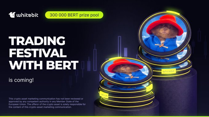 The promotional graphic for WhiteBit's "Trading Festival with BERT" features a 300,000 BERT prize pool announcement, displaying stacks of coins featuring a character wearing a red hat and blue clothing. The image directly supports the announcement of $BERT's 2nd anniversary celebration with the upcoming trading festival and prize details.