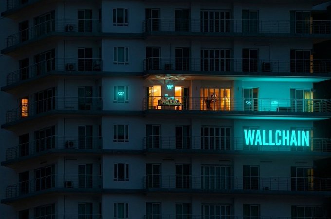 The image features a tall white apartment building at night, with neon lights illuminating the windows. The building has balconies that are lit up, creating an interesting contrast between the illuminated areas and the dark surroundings. In the foreground of the photo, there is a person standing on one of these balconies, adding to the overall atmosphere of the scene. The image also contains text that reads "Reputation needs composability, just like liquidity. Trust becomes more valuable when it can move across ecosystems, carrying your contributions and credibility with it". This message seems to be related to the concept of reputation management or building trust in a professional context.