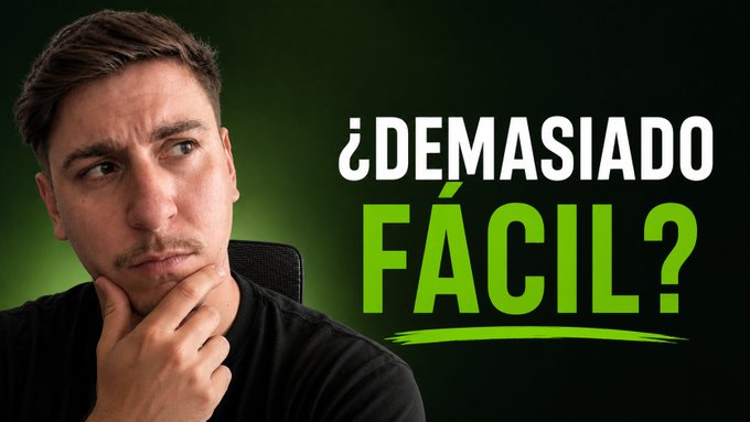 A man with a thoughtful expression rests his chin on his hand next to the text "¿DEMASIADO FÁCIL?" (Too Easy?) in bold white and green letters. This visual captures the skeptical tone of the post, which discusses withdrawing $2,500 in just two weeks from trading futures and invites viewers to question whether such profits are realistically achievable.