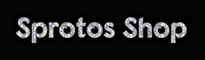 The text 'Sprotos Shop' is displayed in an elegant, glittery, jeweled font against a solid black background.
