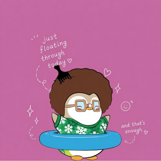 A cartoon penguin with a curly afro and glasses floats peacefully in a blue inner tube against a pink background, wearing a green shirt with white snowflakes. The handwritten text reads "just floating through today ♡" and "and that's enough ♡," with a small smiley face doodle, perfectly capturing the relaxed, low-pressure vibes of the post.