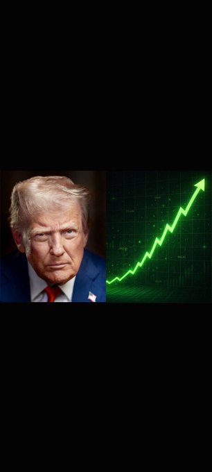 A split image shows Donald Trump on the left and a green upward-trending stock market graph on the right. This visual suggests a positive financial impact following Trump's alleged commitment to crypto ethics rules and promotion of the Crypto Clarity Act.