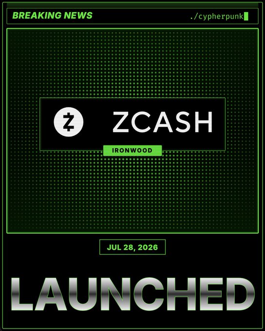 A stylized "Breaking News" graphic featuring the Zcash "Z" logo and "ZCASH | IRONWOOD" branding announces that Ironwood has been "LAUNCHED" as of "JUL 28, 2026," visually reinforcing the news of its mainnet deployment.