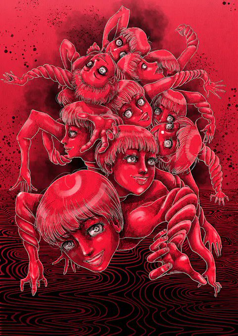 A vivid red and black illustration of a tangled, multi-limbed creature composed of overlapping faces and bodies.