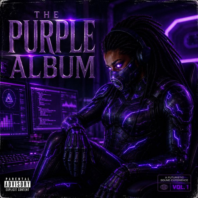 A stylized album cover titled 'THE PURPLE ALBUM' featuring a figure in futuristic armor with glowing purple accents and headphones, marked with a Parental Advisory label and 'A FUTURISTIC SOUND EXPERIENCE VOL. 1'.
