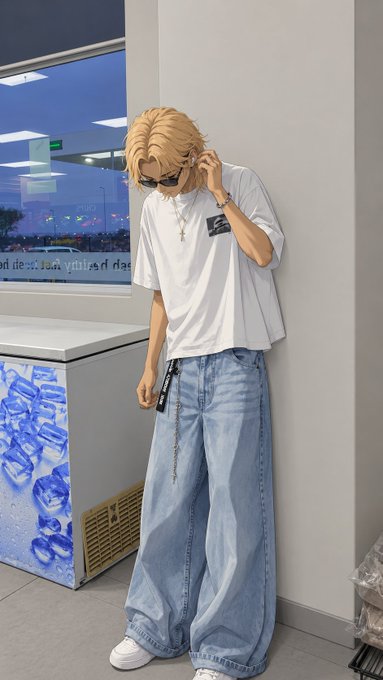 A person with blonde hair wearing sunglasses, a white t-shirt, and baggy light blue jeans stands next to an ice freezer in what appears to be a store.