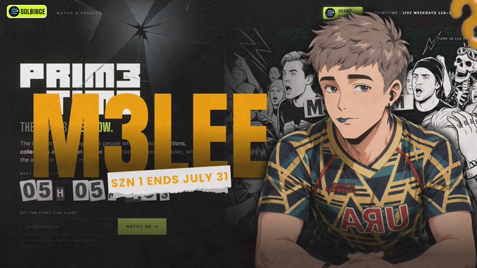 A promotional banner for SOLBINGE's "PRIME M3LEE" Season 1, featuring an animated avatar in an "ARU" jersey, with countdown timers showing "05H 05" and text announcing "SZN 1 ENDS JULY 31" to match the post's launch celebration for Solana's 5-year anniversary.