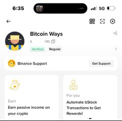 A mobile app screenshot showing 'Bitcoin Ways' with a Binance Support option and time 8:35, 5G battery at 50%.