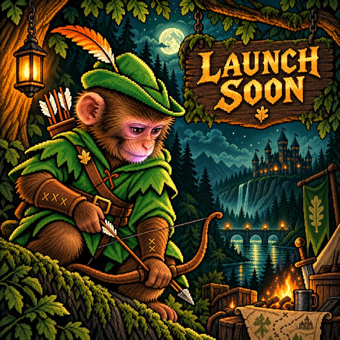 A fantasy illustration features a monkey dressed as a Robin Hood archer in green attire with a feathered cap, holding a bow beside a campfire, with a wooden sign reading 'LAUNCH SOON' hanging nearby against a moonlit castle backdrop.