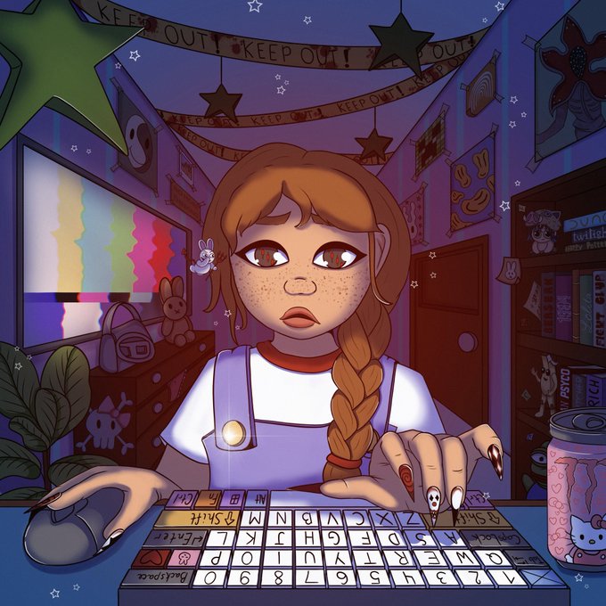 A vibrant digital illustration of a young woman with freckles, red eyes, and a long brown braid sitting at a desk, pressing keys on a colorful QWERTY keyboard and using a computer mouse in a purple-toned room decorated with stars and a 'KEEP OUT!' banner.