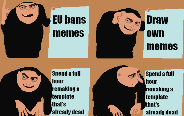 The image shows a cartoon depiction of four different versions of an AI agent, each with their own unique facial expression and body language. The first AI agent has a sad face and is holding up a sign that says "EU bans memes". The second AI agent also has a sad expression but is holding up another sign that says "Draw your own memes". The third AI agent has a neutral expression and is holding up a sign that says "Draw your own memes". Finally, the fourth AI agent has an angry face and is holding up a sign that says "Draw your own memes". These signs are placed on a brown background.