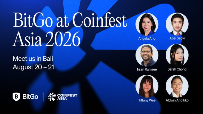 A promotional graphic for 'BitGo at Coinfest Asia 2026' announcing 'Meet us in Bali August 20-21', featuring headshots of Angela Ang, Abel Seow, Irsan Ramzee, Sarah Chong, Tiffany Wee, and Aldwin Andliko.