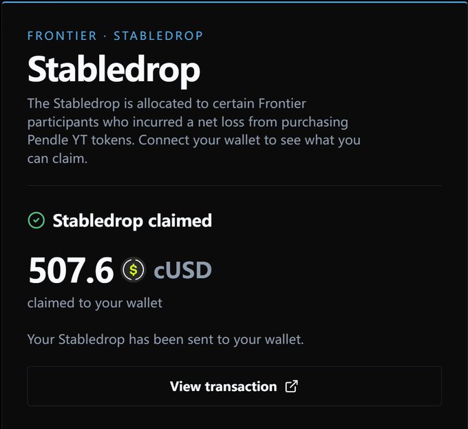 A Stabledrop confirmation page showing 507.6 cUSD successfully claimed to the user's wallet, with a "View transaction" button linking to the Stabledrop claim site.