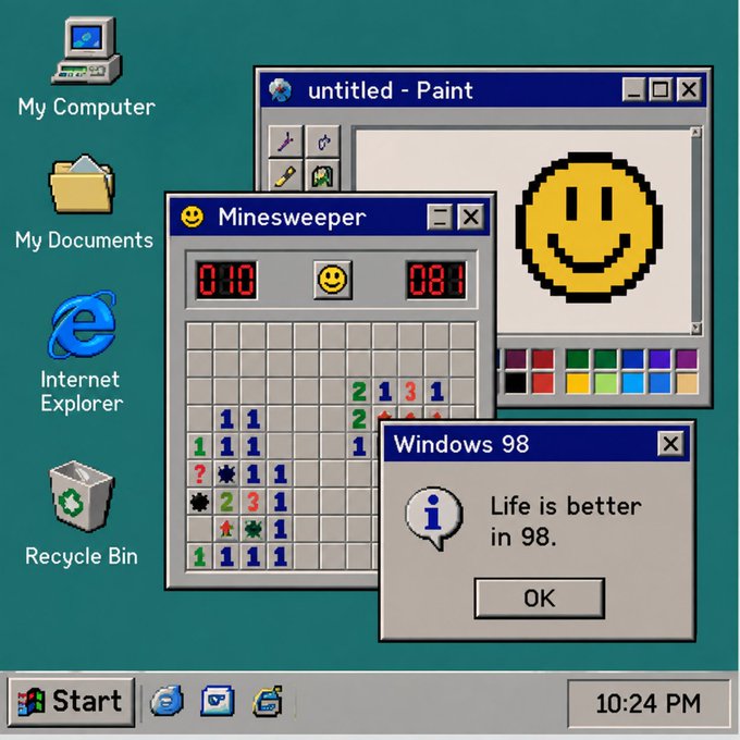 A nostalgic Windows 98 desktop screenshot featuring Minesweeper (showing a score of 010/088), an MS Paint window with a yellow smiley face drawing, and a pop-up notification reading "Life is better in 98." alongside a taskbar showing "10:24 PM" and a Start button.

The retro Windows 98 aesthetic and "Life is better in 98" pop-up give the image a nostalgic, throwback vibe that complements the minting announcement's playful tone—possibly hinting at the project being "old school" or referencing a retro-inspired token launch.