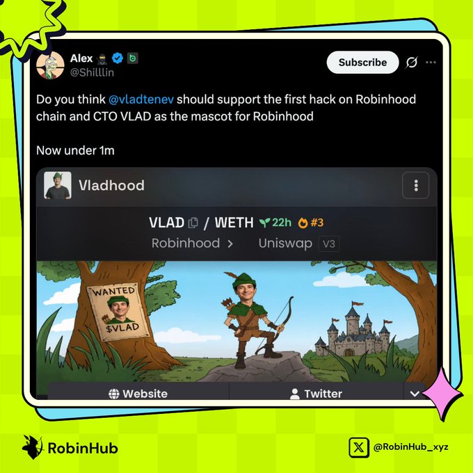 A screenshot of a tweet by @ShillUn asking "Do you think @vladtenev should support the first hack on Robinhood chain and CTO VLAD as the mascot for Robinhood," featuring the "Vladhood" memecoin page showing $VLAD paired with WETH on Uniswap V3, listed under 1m market cap, with cartoon Robin Hood imagery and links to Website and Twitter.