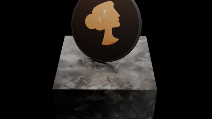 A 3D rendering displays a dark circular token or coin featuring an orange silhouette of a woman's profile with a leaf in her hair, floating above a textured black and white cubic surface.