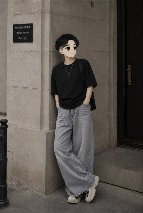 A person leaning against a stone wall outside a building, wearing a black t-shirt, wide-leg blue jeans, and white sneakers, with an 'OPENING HOURS' sign reading 'Monday - Sunday 10am - 7pm' mounted nearby.