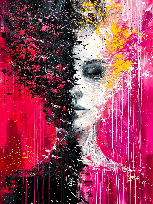 An abstract mixed-media painting of a face partially obscured by splattered black, pink, and yellow paint with dripping vertical lines, dominated by vivid magenta and contrasting monochrome tones.
