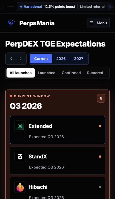 A mobile screenshot of the PerpsMania app showing the 'PerpDEX TGE Expectations' tracker with a 'Current Window: Q3 2026' section listing upcoming launches including Extended, StandX, and Hibachi.