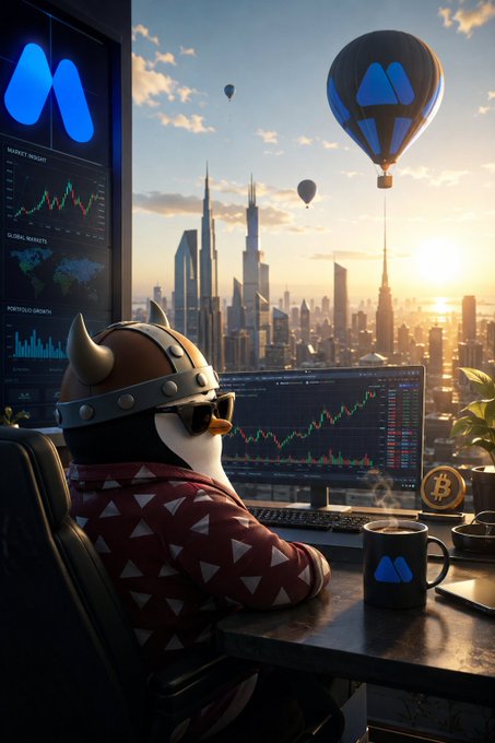 An illustration of a penguin character wearing a Viking helmet and sunglasses, sitting at a desk with a Meta-branded screen showing market charts, with a cityscape and Meta-branded hot air balloons in the background.