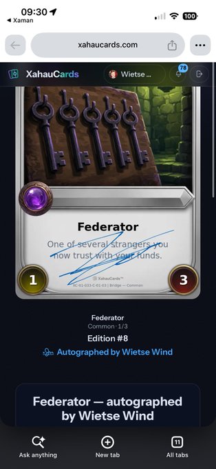 A mobile screenshot from xahaucards.com displays a digital trading card titled 'Federator' showing four antique keys, with text noting 'One of several strangers you now trust with your funds,' signed by Wiese Wind, Edition #8, with the title 'Federator — autographed by Wiese Wind' displayed below.