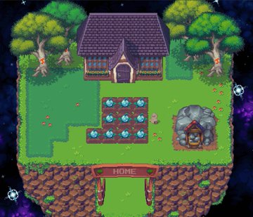 The image features an island with a small house, surrounded by trees and rocks. The island has a sign that reads "Home" and there are several plants growing around it. A large rock formation stands out among the vegetation. In the background, stars can be seen twinkling in the night sky. The post is about farming and playing on this island, with a focus on the cute aspect of the game.