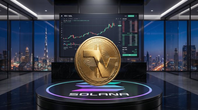 A large gold coin displaying 'IV/SOL' sits on a glowing 'SOLANA' pedestal in a futuristic room with trading charts on screens and a nighttime city skyline visible through the windows.