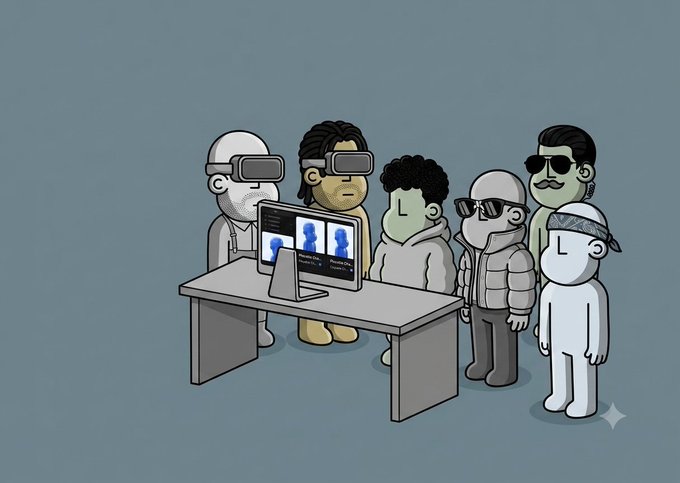 A cartoon-style illustration of five characters wearing VR headsets and sunglasses, gathered around a desk looking at a monitor displaying blue silhouettes, set against a plain blue background.
