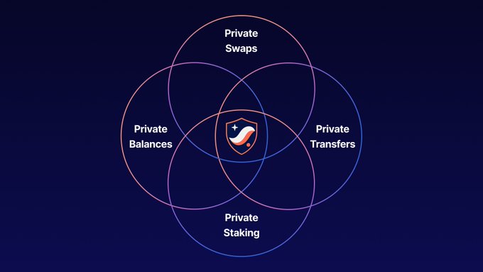 A diagram featuring four intersecting circles labeled "Private Swaps," "Private Transfers," "Private Staking," and "Private Balances," with a shield logo at the center on a dark background.