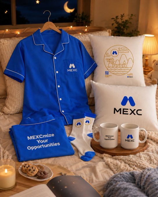An arrangement of MEXC-branded merchandise including blue pajamas, socks, two pillows, two mugs, and a folded shirt reading 'MEXCmize Your Opportunities,' displayed on a bed with warm ambient lighting.